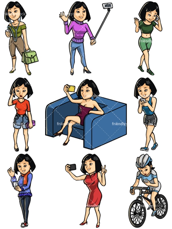 Asian woman using mobile phone collection - Images isolated on white background. Transparent PNG and vector (infinitely scalable) EPS