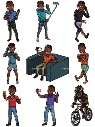 Homem negro usando coleção de telefones celulares - Imagens isoladas no fundo branco. PNG transparente e EPS vetorial (infinitamente escalonável)