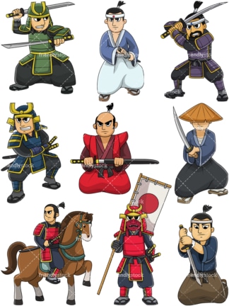 Guerreiros samurais japoneses. PNG - formatos de arquivo JPG e vetor EPS (infinitamente escalável). Imagem isolada em fundo transparente.