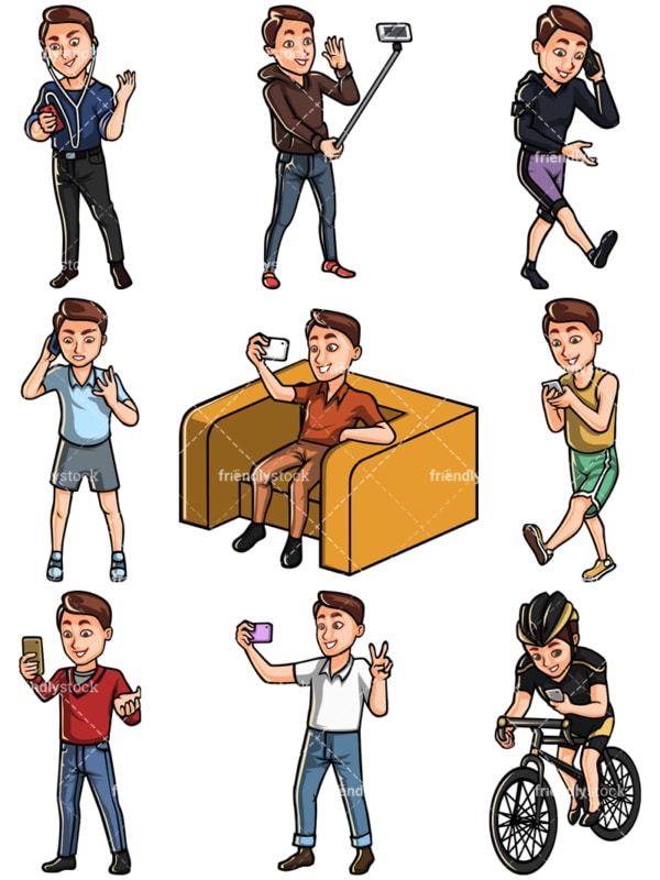 Young man using mobile phone collection - Images isolated on white background. Transparent PNG and vector (infinitely scalable) EPS