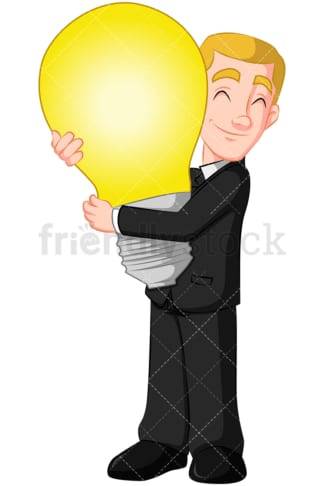 Business man hugging light bulb - Image isolated on transparent background. PNG