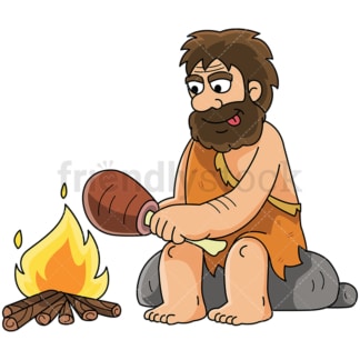 Caveman cooking meat by the fire - Image isolated on white background. Transparent PNG and vector (infinitely scalable) EPS