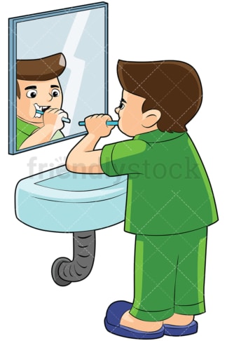 Boy brushing teeth in front of a mirror - Image isolated on transparent background. PNG