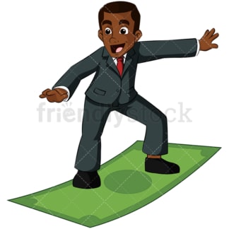 Black business man surfing on money bill - Image isolated on transparent background. PNG