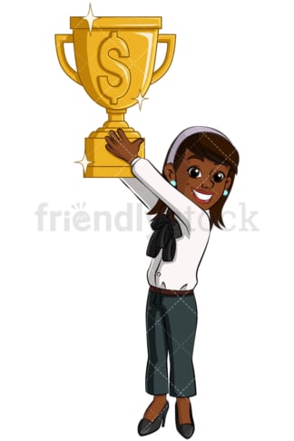 Black business woman gold trophy - Image isolated on transparent background. PNG