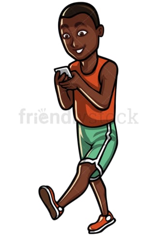 Black man texting while walking - Image isolated on white background. Transparent PNG and vector (infinitely scalable) EPS