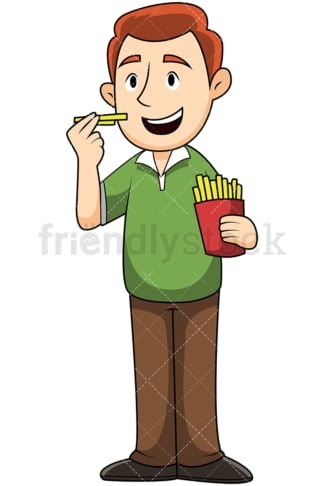 Man eating french fries - Image isolated on transparent background. PNG