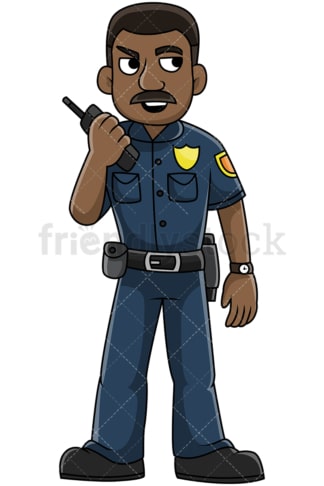 Black police officer talking on radio - Image isolated on transparent background. PNG