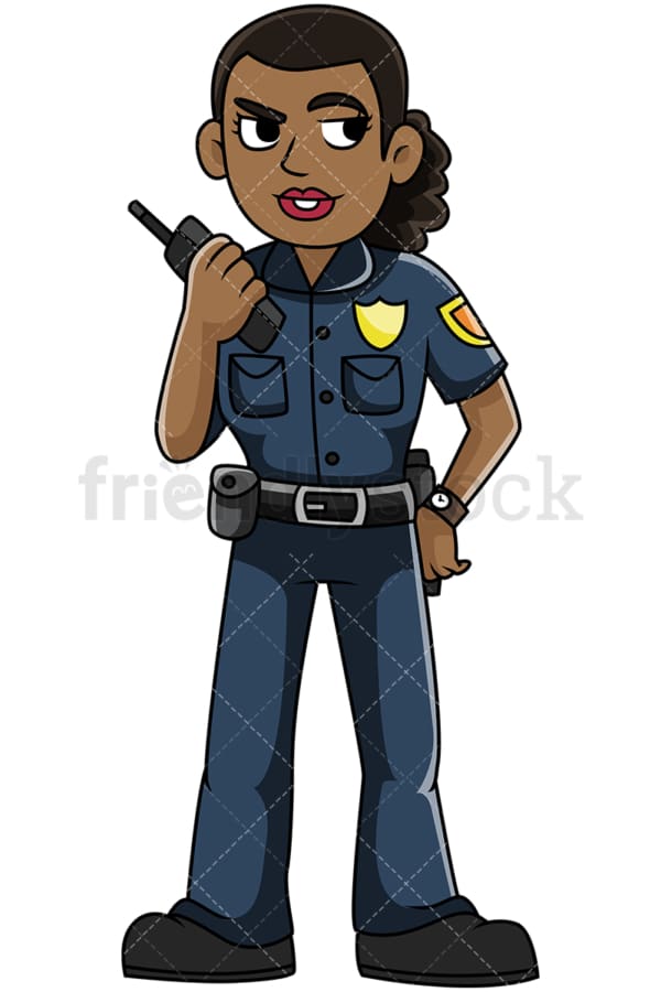 Black policewoman talking on radio - Image isolated on transparent background. PNG