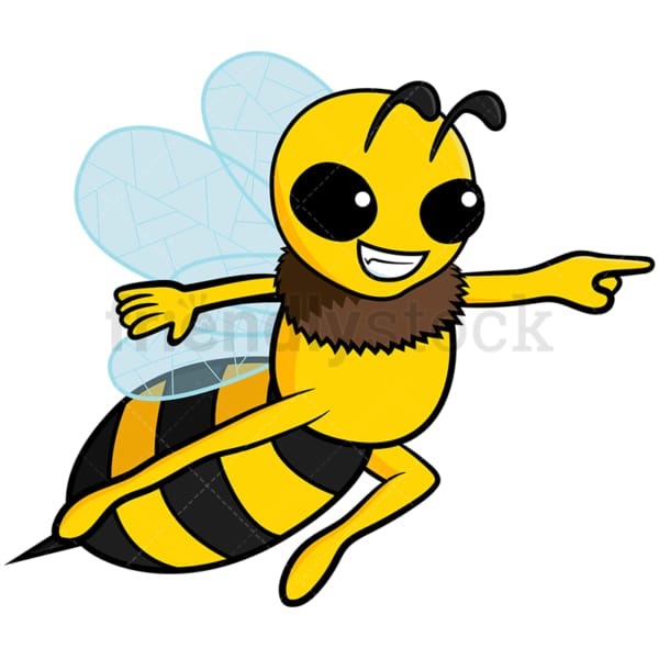 Cute bee pointing to the side - Image isolated on white background. Transparent PNG and vector (infinitely scalable) EPS