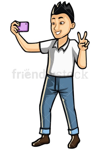 Asian man taking selfie with mobile phone - Image isolated on white background. Transparent PNG and vector (infinitely scalable) EPS