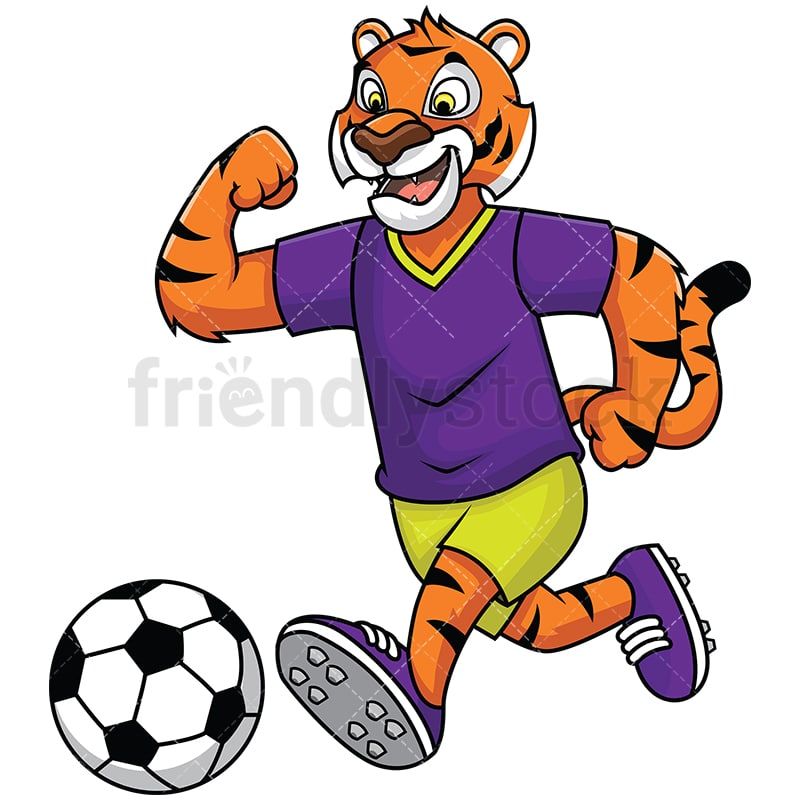 Bengal Tiger Mascot Playing Soccer Vector Cartoon Clipart - FriendlyStock