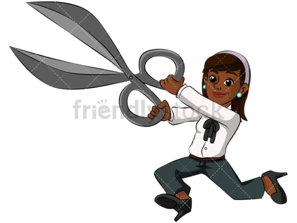 Black business woman holding scissors - Image isolated on transparent background. PNG