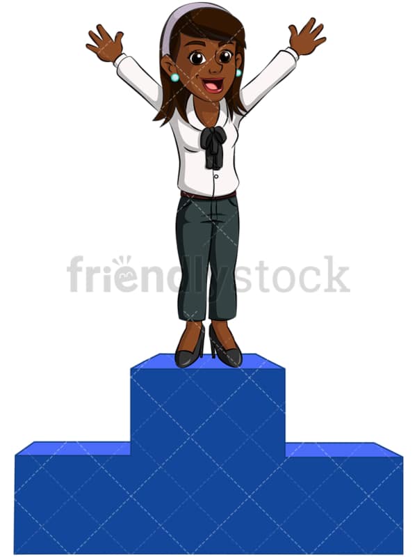 Black business woman winner pedestal - Image isolated on transparent background. PNG
