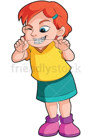 Girl with braces flossing her teeth - Image isolated on transparent background. PNG
