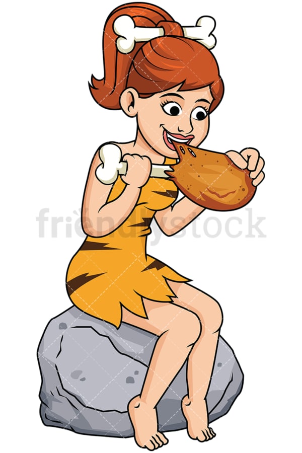 Hungry cave woman eating meat - Image isolated on transparent background. PNG