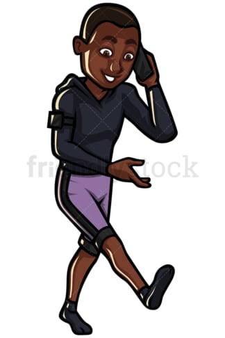 Walking black man speaking on mobile - Image isolated on white background. Transparent PNG and vector (infinitely scalable) EPS