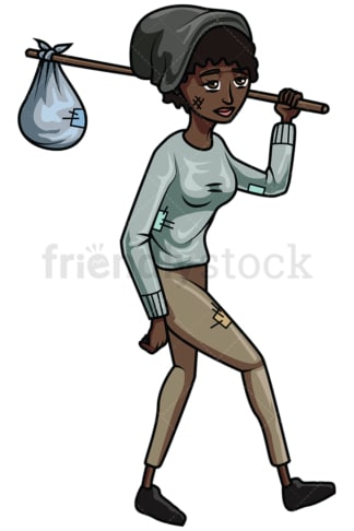 Wandering homeless black woman. PNG - JPG and vector EPS file formats (infinitely scalable). Image isolated on transparent background.