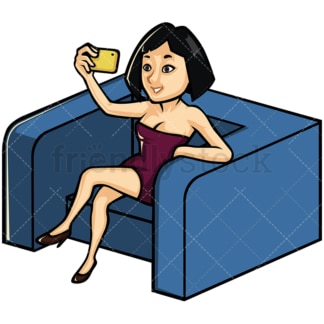 Asian woman taking selfie on an armchair - Image isolated on white background. Transparent PNG and vector (infinitely scalable) EPS