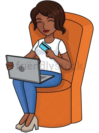 Black woman shopping online with cc - Image isolated on transparent background. PNG
