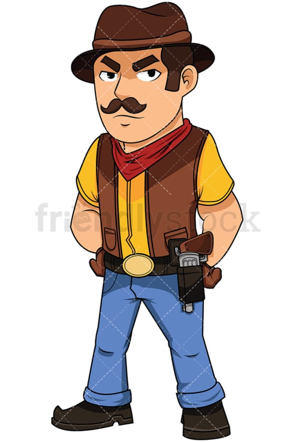 Confident Cowboy With Pistol In Holster Vector Cartoon Clipart