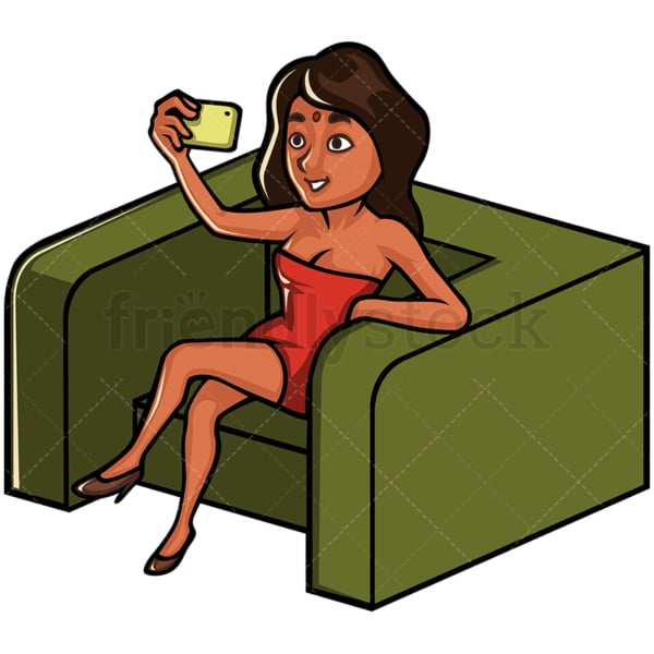 Indian woman taking selfie on an armchair - Image isolated on white background. Transparent PNG and vector (infinitely scalable) EPS