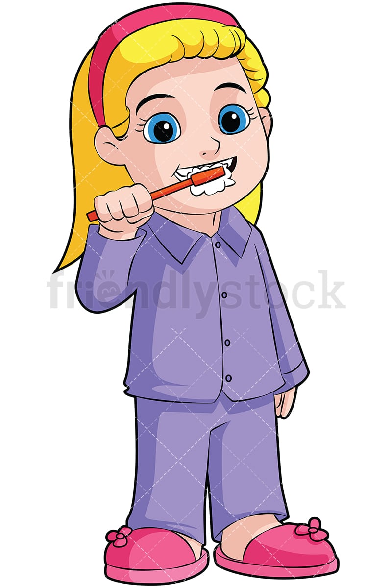 Little Girl Brushing Her Teeth Vector Cartoon Clipart - FriendlyStock