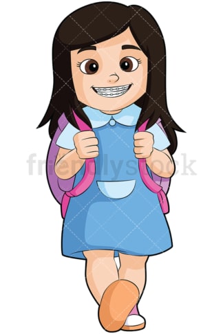 Little girl with braces going to school - Image isolated on transparent background. PNG