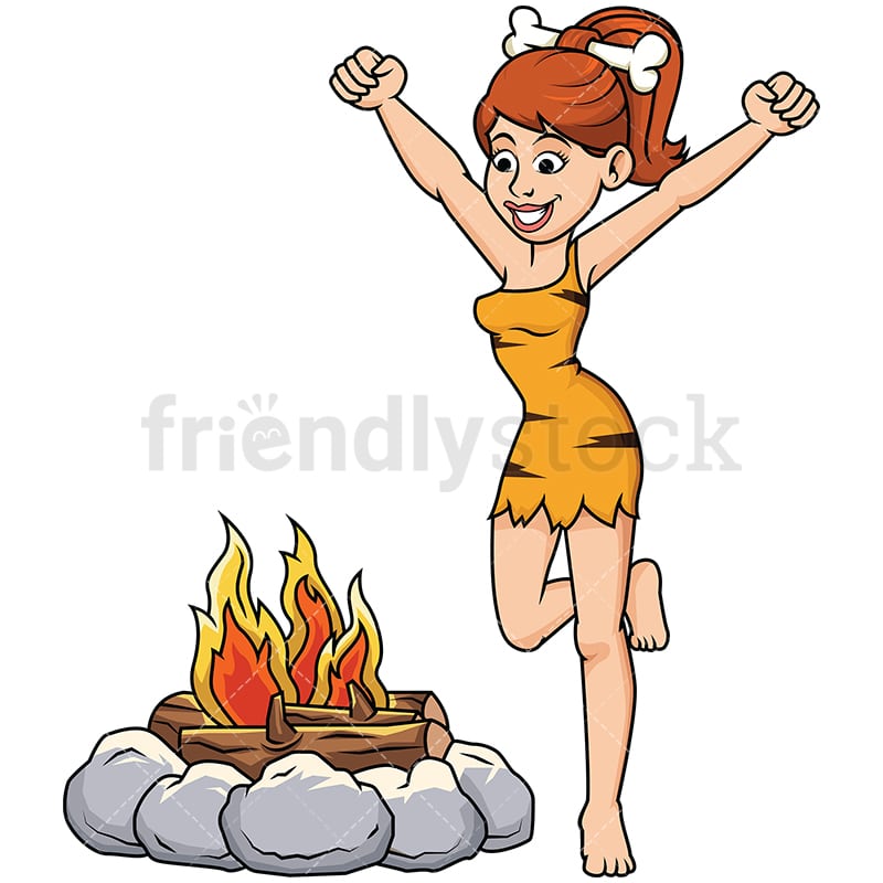 Pretty Cave Woman Dancing By The Fire Vector Cartoon Clipart Friendlystock