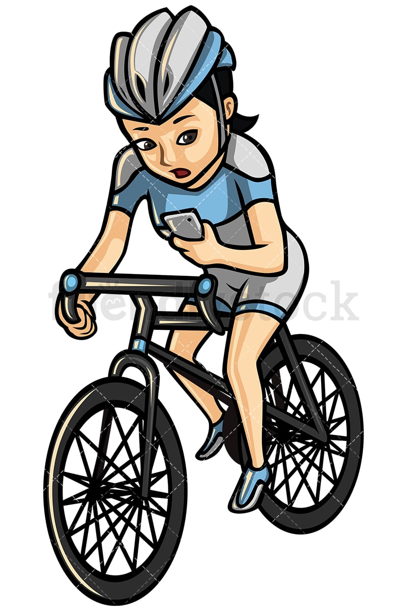 Asian Woman Texting While Riding A Bike Vector Cartoon Clipart