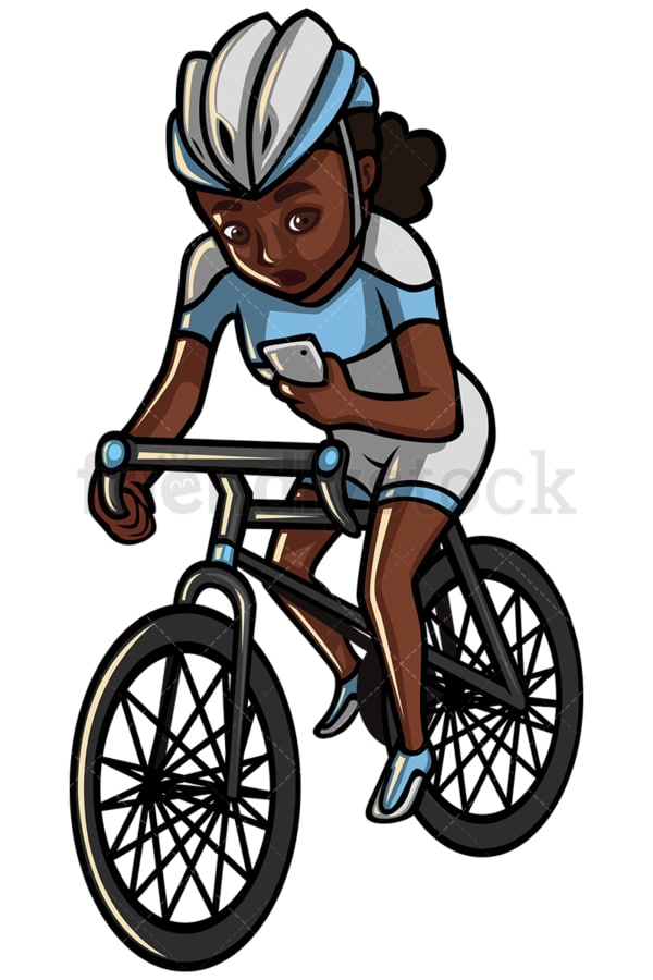 Black woman texting while riding a bike - Image isolated on white background. Transparent PNG and vector (infinitely scalable) EPS