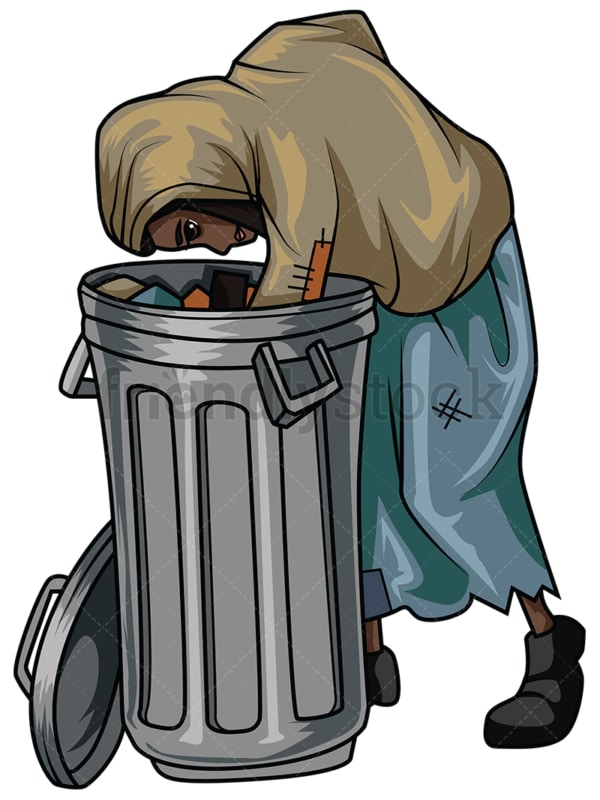 Poor black woman looking in trash. PNG - JPG and vector EPS file formats (infinitely scalable). Image isolated on transparent background.