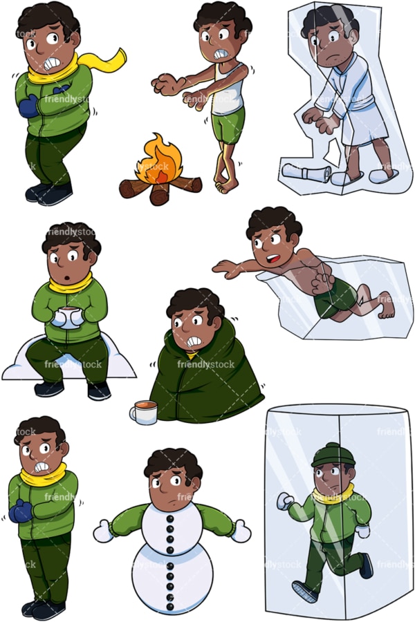 Black man freezing cold. PNG - JPG and vector EPS file formats (infinitely scalable). Images isolated on transparent background.