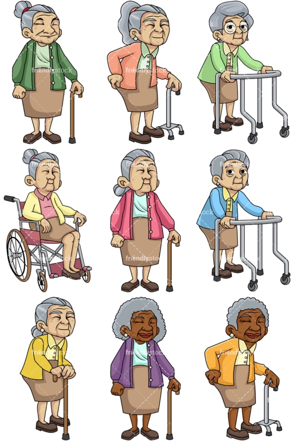 Frail female senior citizens. PNG - JPG and vector EPS file formats (infinitely scalable). Images isolated on transparent background.