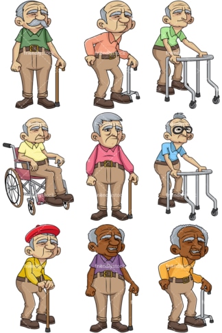 Frail male senior citizens. PNG - JPG and vector EPS file formats (infinitely scalable). Images isolated on transparent background.
