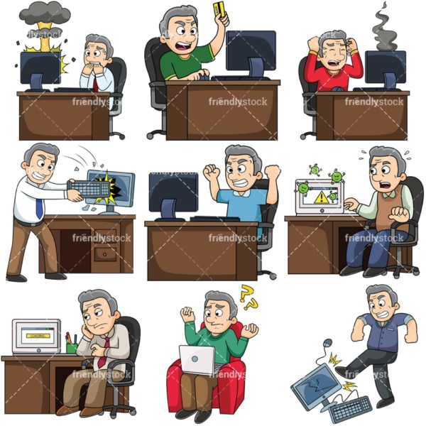 Old man having computer trouble. PNG - JPG and vector EPS file formats (infinitely scalable). Images isolated on transparent background.