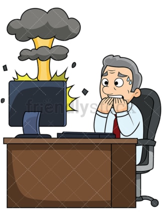 Old man with exploding computer. PNG - JPG and vector EPS file formats (infinitely scalable). Image isolated on transparent background.