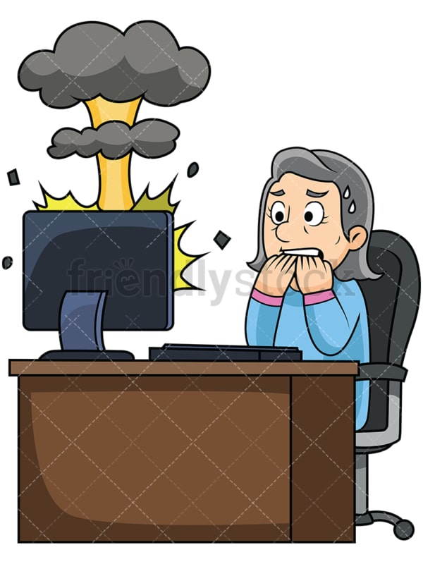 Old woman exploding computer. PNG - JPG and vector EPS file formats (infinitely scalable). Image isolated on transparent background.