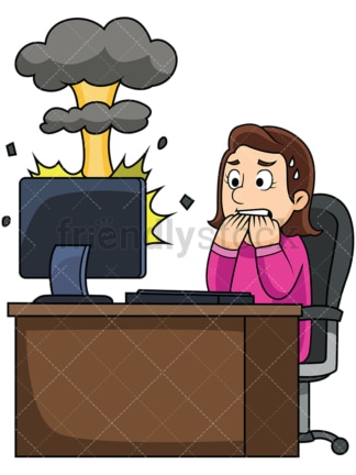 Woman with exploding computer. PNG - JPG and vector EPS file formats (infinitely scalable). Image isolated on transparent background.