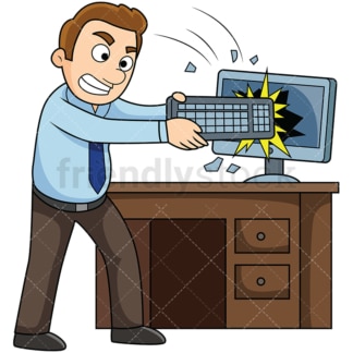 Angry man smashing computer screen. PNG - JPG and vector EPS file formats (infinitely scalable). Image isolated on transparent background.