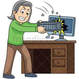 Furious old woman smashing computer. PNG - JPG and vector EPS file formats (infinitely scalable). Image isolated on transparent background.