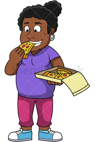 Overweight black woman eating pizza. PNG - JPG and vector EPS file formats (infinitely scalable). Image isolated on transparent background.