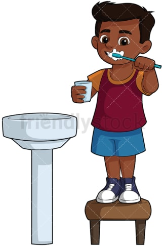 Black kid brushing teeth. PNG - JPG and vector EPS file formats (infinitely scalable). Image isolated on transparent background.