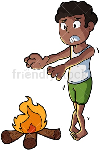 Black man warming body by fire. PNG - JPG and vector EPS file formats (infinitely scalable). Image isolated on transparent background.