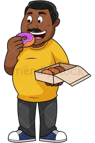 Overweight black guy eating donuts. PNG - JPG and vector EPS file formats (infinitely scalable). Image isolated on transparent background.