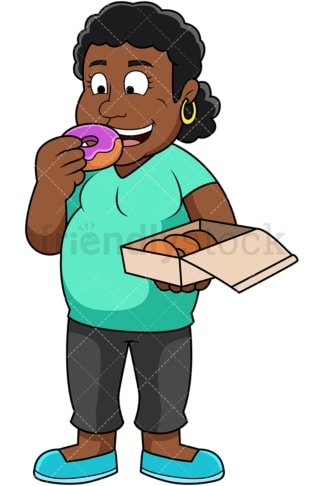Overweight black woman eating donuts. PNG - JPG and vector EPS file formats (infinitely scalable). Image isolated on transparent background.