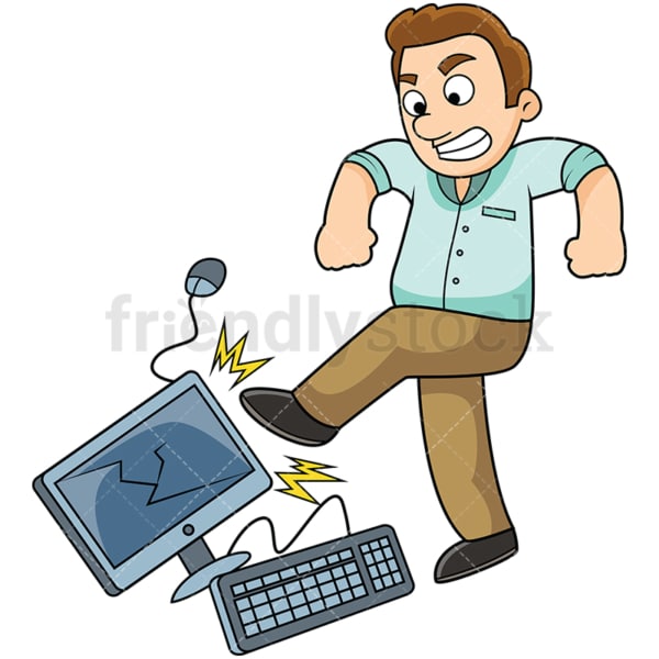 Angry man kicking computer. PNG - JPG and vector EPS file formats (infinitely scalable). Image isolated on transparent background.