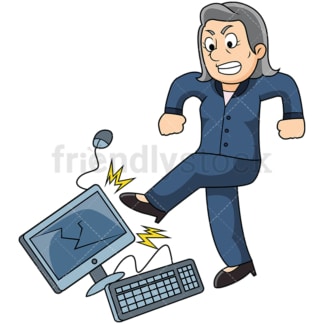 Angry old woman kicking computer. PNG - JPG and vector EPS file formats (infinitely scalable). Image isolated on transparent background.