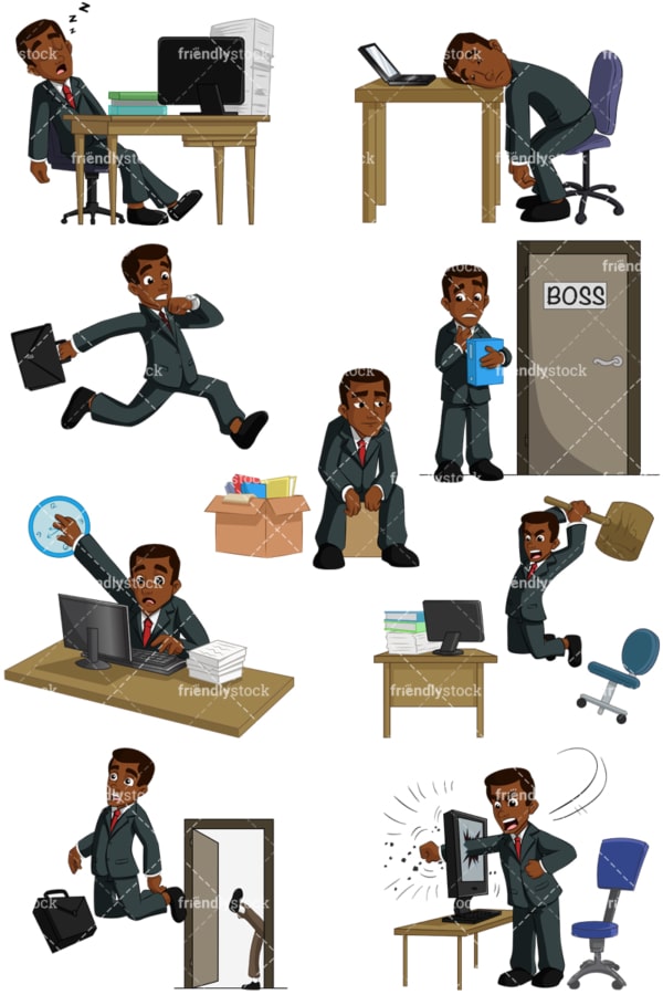 Black businessman having trouble at work. PNG - JPG and vector EPS (infinitely scalable). Images isolated on transparent background.