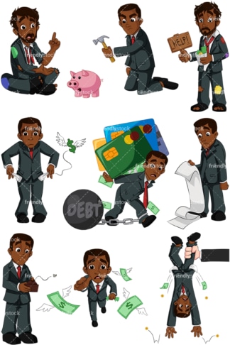 Uomo d'affari nero in difficoltà finanziarie. PNG - JPG ed EPS vettoriali (infinitamente scalabili). Immagini isolate su sfondo trasparente.